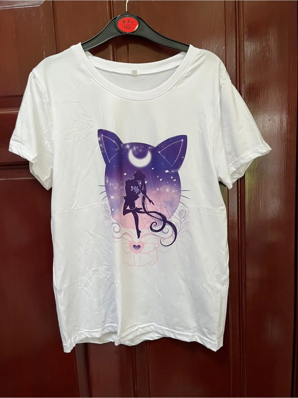 White Cat-Graphic T-Shirt with Purple Ombre Sailor Silhouette